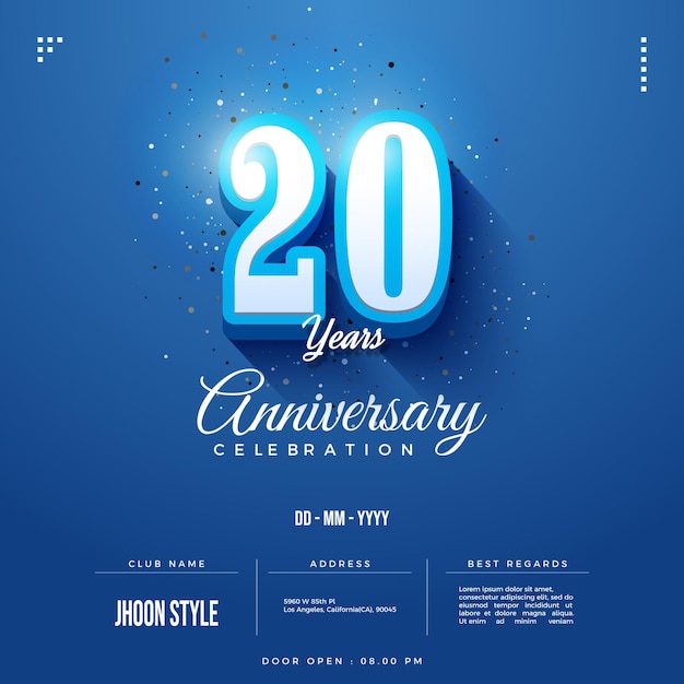 Invitación del 20 aniversario con números azules en relieve