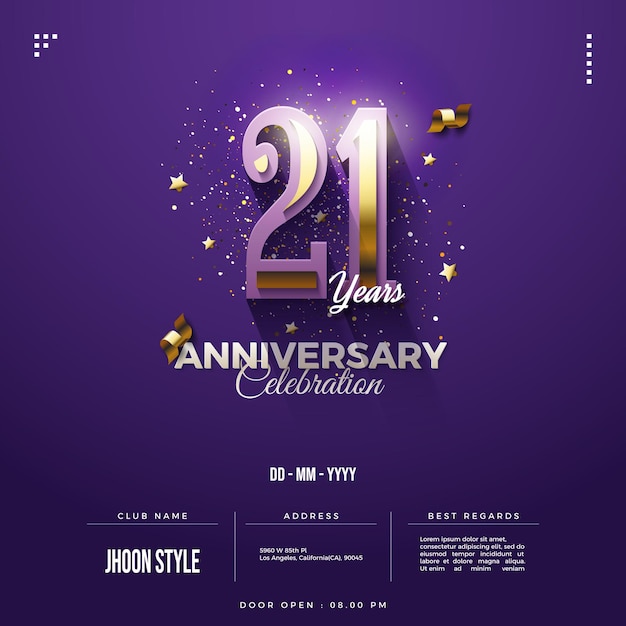 Invitación de 21 aniversario con números y purpurina.