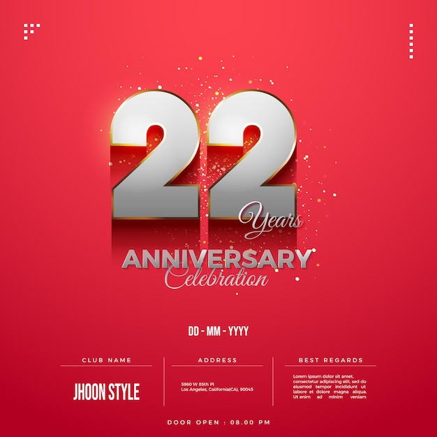 Invitación del 22 aniversario con números y fondo rojo.