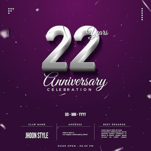 Vector invitación del 22 aniversario con números plateados