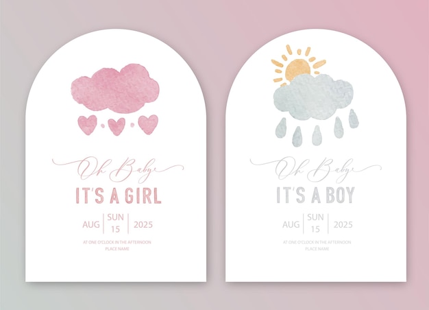 invitación de acuarela de baby shower Es una niña Es una tarjeta de niño con nubes rosadas y grises sol y corazones