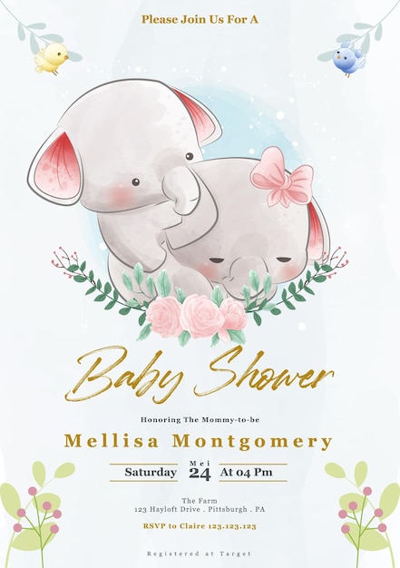 Vector invitación adorable de la fiesta de bienvenida al bebé del elefante con diseño divertido de la acuarela