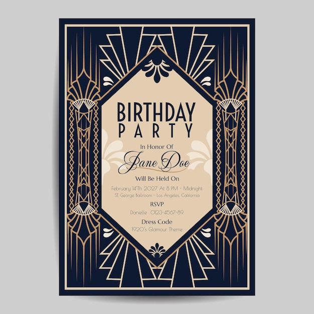 Vector invitación al folleto de cumpleaños art déco