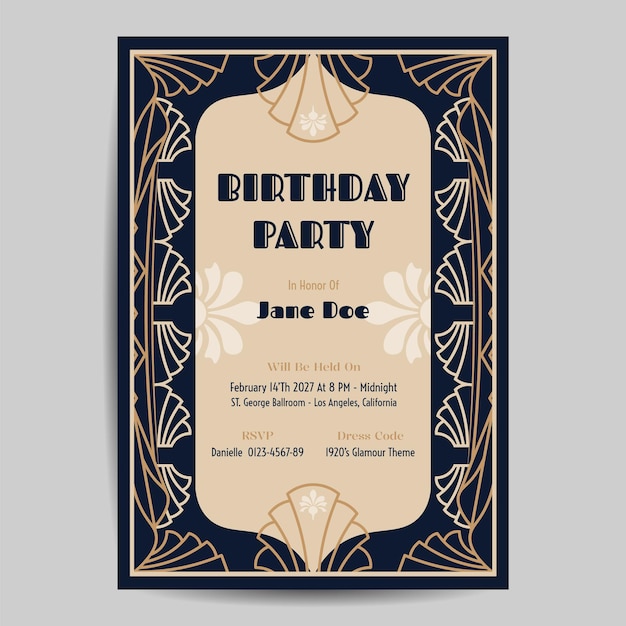 Vector invitación al folleto de cumpleaños art déco