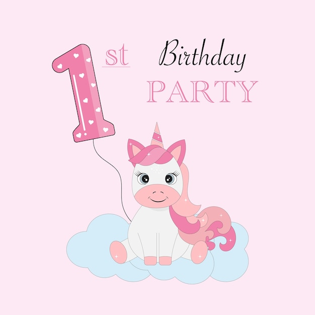 Invitación al primer cumpleaños Un unicornio con melena rosa