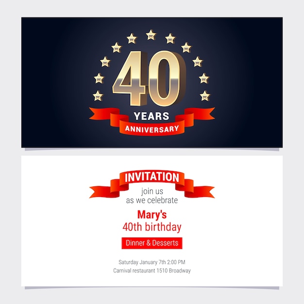 Vector invitación de aniversario de 40 años a la ilustración de vector de celebración. elemento de diseño gráfico con número de oro para tarjeta de cumpleaños número 40, invitación a fiesta