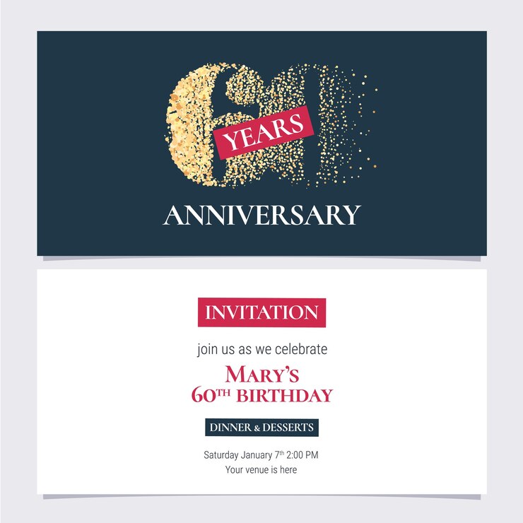 Invitación de aniversario de 60 años. Plantilla de diseño con número de oro para la fiesta del 60 aniversario o invitación a cenar con cuerpo