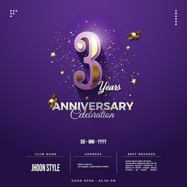 Invitación de aniversario con números dorados sobre fondo morado