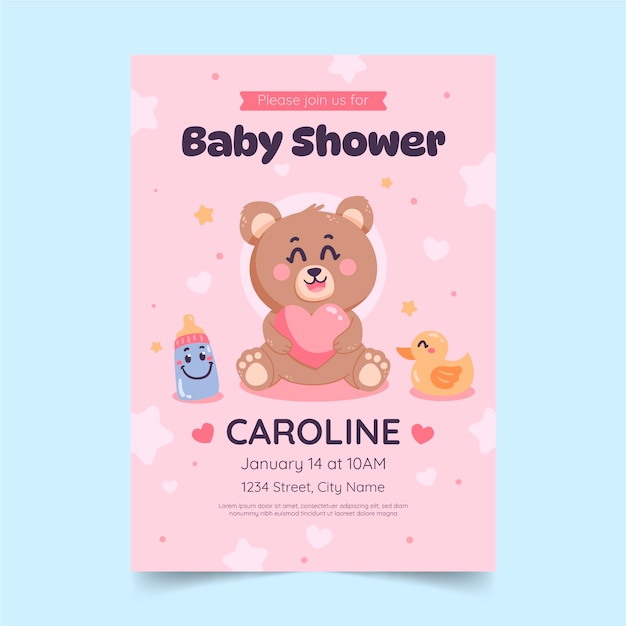 Vector invitación de baby shower con oso de peluche dibujado a mano