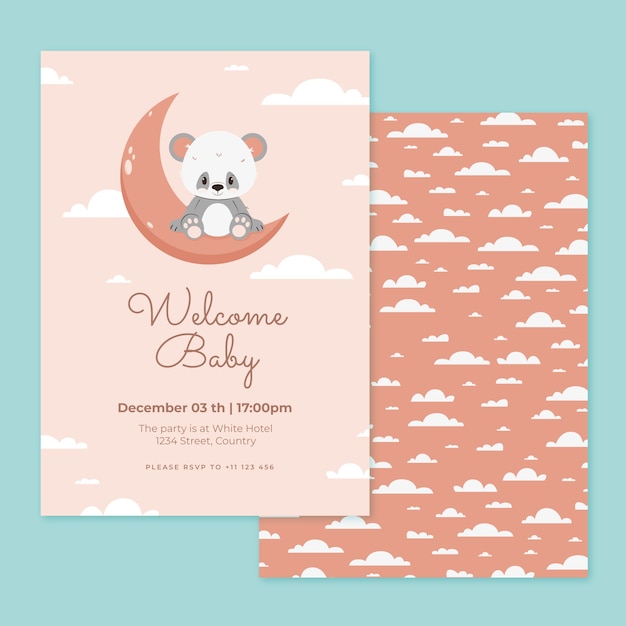 Vector invitación de baby shower con oso de peluche dibujado a mano