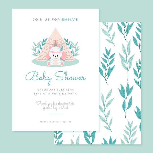 Vector invitación de baby shower con oso de peluche dibujado a mano