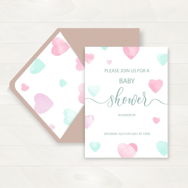 Invitación de baby shower y tarjeta de felicitación de feliz cumpleaños con corazón de acuarela e inscripción de línea de caligrafía ilustración vectorial estilo dibujado a mano