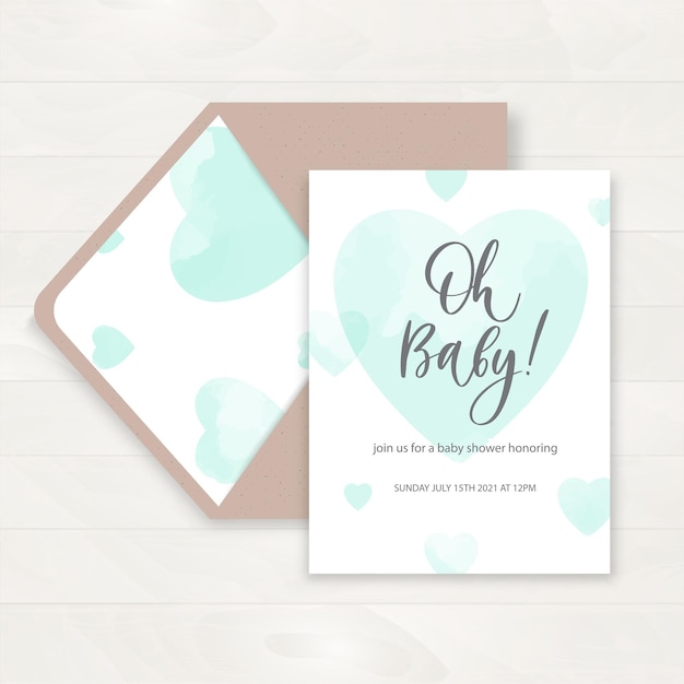 Vector invitación de baby shower y tarjeta de felicitación de feliz cumpleaños con corazón de acuarela e inscripción de línea de caligrafía ilustración vectorial estilo dibujado a mano