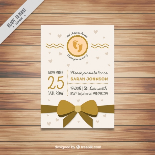 Invitación de bienvenida del bebé con lazo dorado
