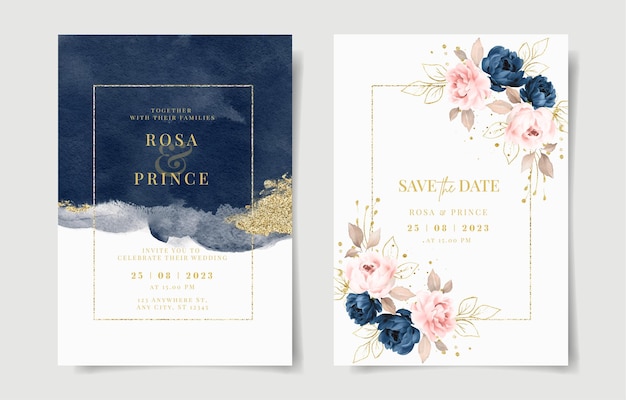 Vector invitación de boda en acuarela con decoración de flores y hojas azul marino y durazno