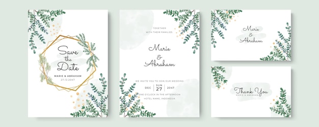 Invitación de boda acuarela estilo moderno con gracias, guarde la fecha. diseño floral hojas de acuarela verde, estampado de marco decorativo de vegetación de follaje.