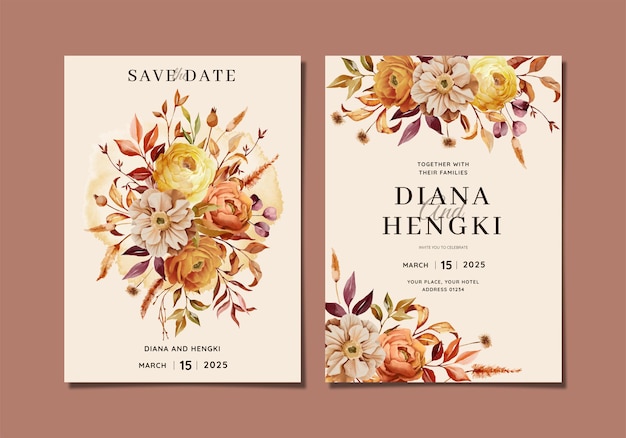 invitación de boda de acuarela floral de otoño cálido