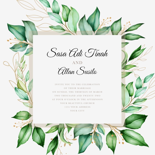 Invitación de boda acuarela floral y plantilla de tarjeta de hojas