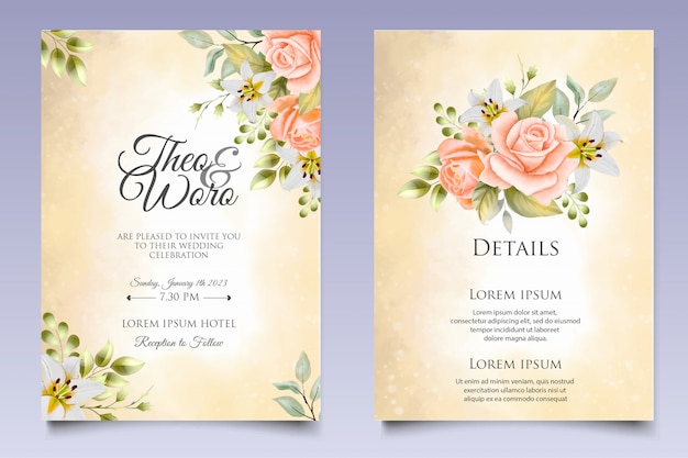 Invitación de boda acuarela floral y plantilla de tarjeta de hojas