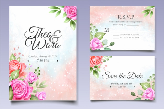 Vector invitación de boda acuarela floral y plantilla de tarjeta de hojas