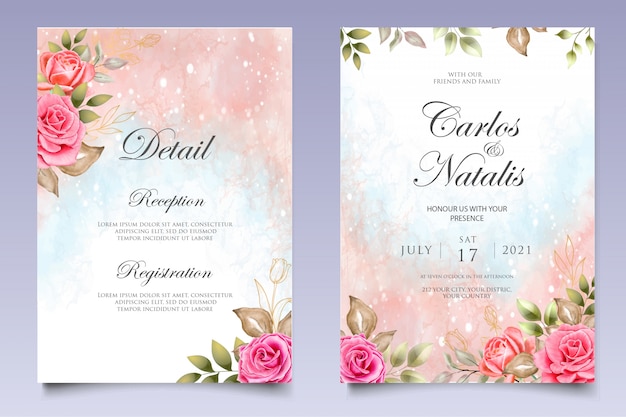 Invitación de boda acuarela floral y plantilla de tarjeta de hojas