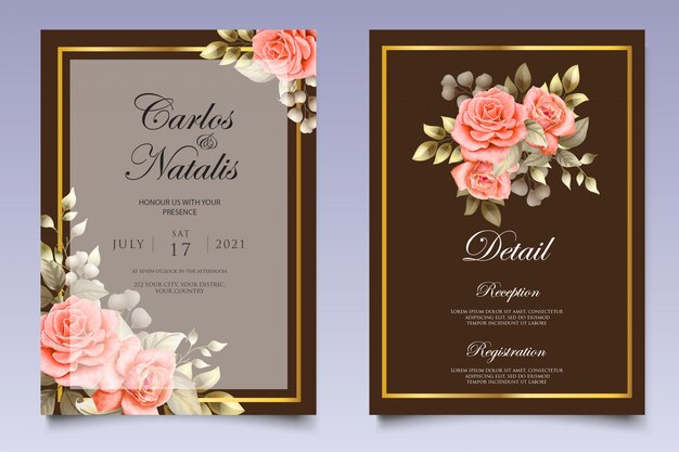 Invitación de boda acuarela floral y plantilla de tarjeta de hojas