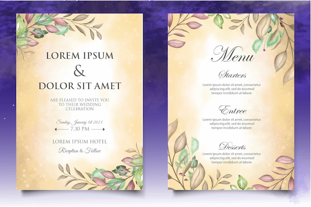 Invitación de boda acuarela floral y plantilla de tarjeta de hojas