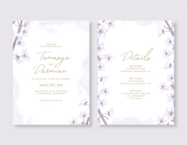 Vector invitación de boda con acuarela floral púrpura