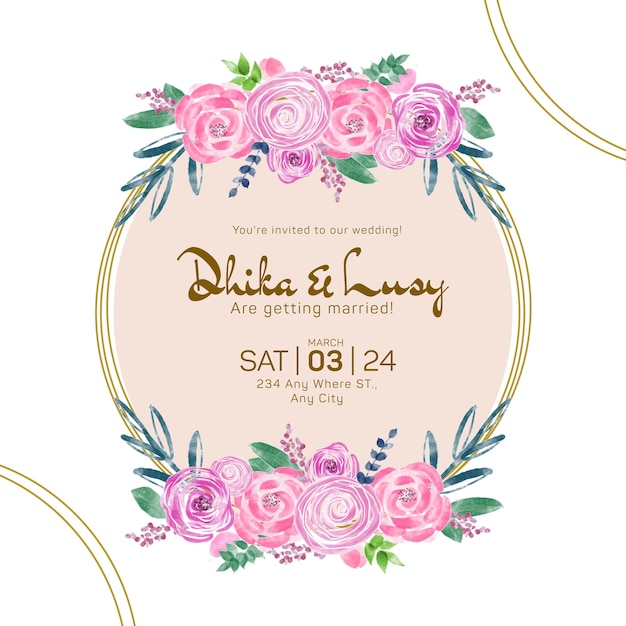 Invitación de boda acuarela ilustración de corona floral aislada sobre fondo blanco