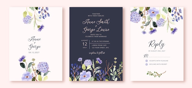 Invitación de boda con acuarela de jardín floral púrpura