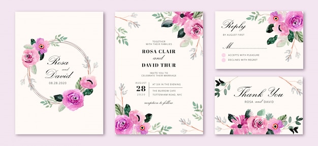 Invitación de boda con acuarela de marco de flor morada