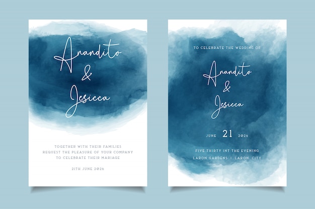 Vector invitación de boda acuarela de ondas azules elegantes con estilo abstracto