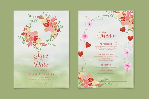 Invitación de boda en acuarela del paisaje natural con vista de la puerta de los novios vector premium