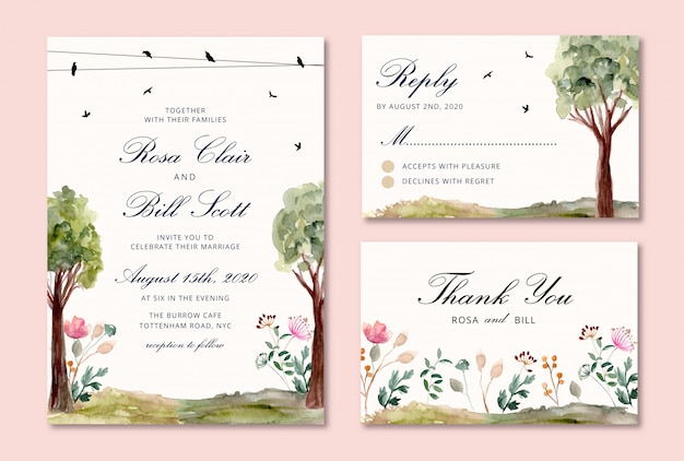 Invitación de boda con acuarela de pájaro y árbol