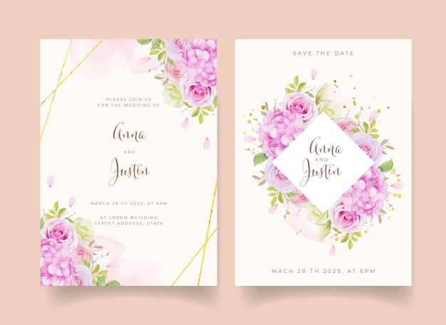 Invitación de boda con acuarela rosas rosadas y flor de hortensia