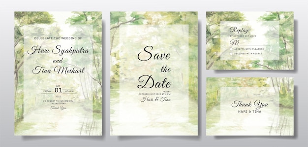 Invitación de boda en acuarela con vista al paisaje de árboles y ríos