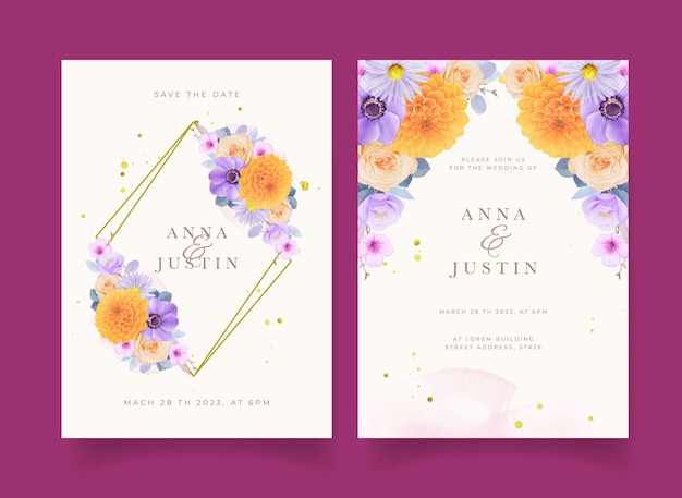 Invitación de boda con acuarelas flores moradas y amarillas