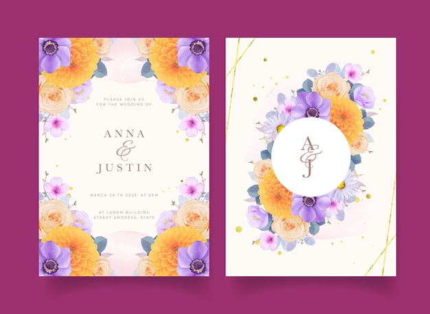 Invitación de boda con acuarelas flores moradas y amarillas