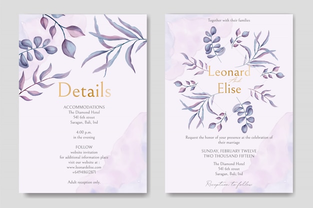 Invitación de boda con adornos florales y fuente de oro
