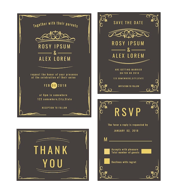 Invitación de la boda, ahorre la fecha, tarjeta de RSVP, gracias cardar, número de la tabla, etiquetas del regalo, tarjetas del lugar, tarjeta de la respuesta.