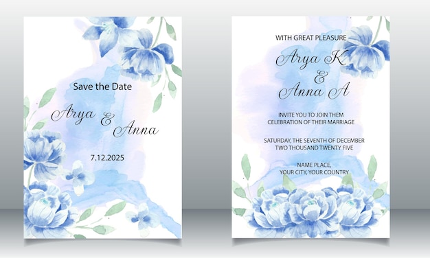 Invitación de boda azul romántica rosa y acuarela splash