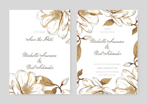 Invitación de boda blanca y dorada diseño de plantilla minimalista con flor y hoja de acuarela invitación de aquarela hermosa corona floral
