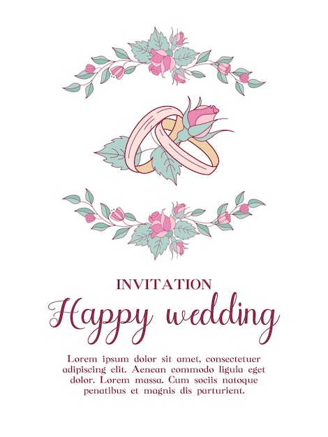 Invitación de boda bodas felices coronas de flores de boda rosas y anillos de boda ilustración vectorial con espacio para texto