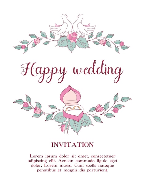 Invitación de boda Bodas felices Coronas de flores rosas de boda con palomas blancas Caja con anillos de boda Ilustración vectorial con espacio para texto