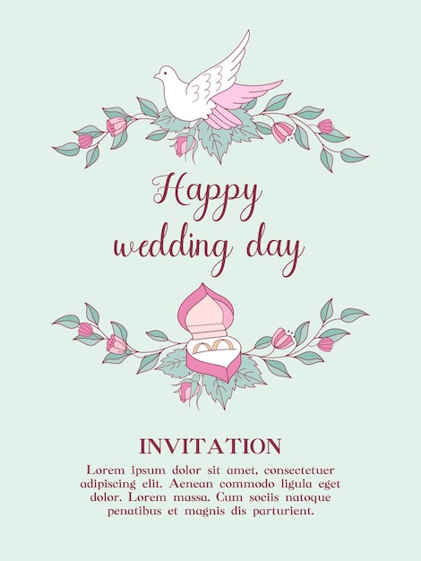 Invitación de boda Bodas felices Coronas de flores rosas de boda con palomas blancas Caja con anillos de boda Ilustración vectorial con espacio para texto