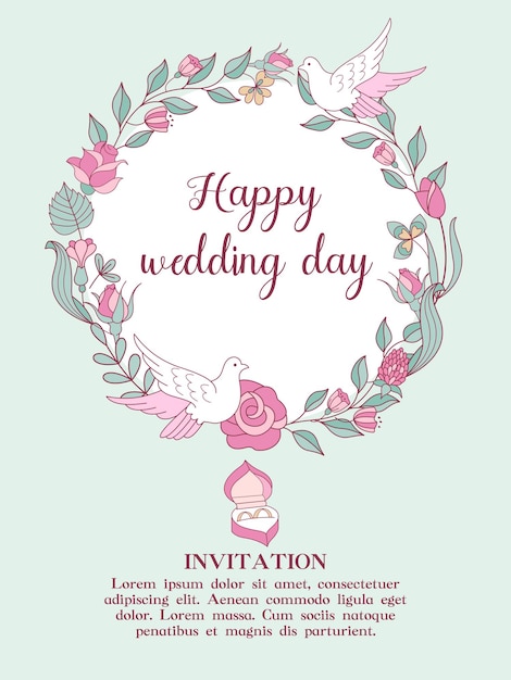 Invitación de boda. Bodas felices. Hermosa tarjeta de boda con una corona de flores y una caja con anillos de boda. Ilustración de vector con espacio para texto.