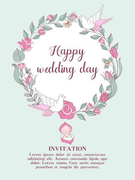 Invitación de boda. bodas felices. hermosa tarjeta de boda con una corona de flores y una caja con anillos de boda. ilustración de vector con espacio para texto.