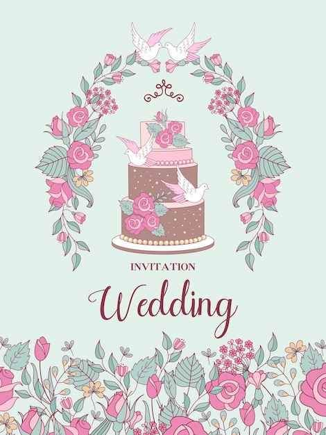 Invitación de boda. Bodas felices. Hermosa tarjeta de boda con un gran pastel de bodas de varios niveles decorado con flores y palomas. Ilustración de vector con espacio para texto.