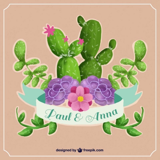 Vector invitación de boda con cactus de acuarela