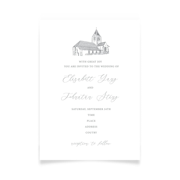 Vector invitación de boda con casa de bocetos en estilo minimalista.
